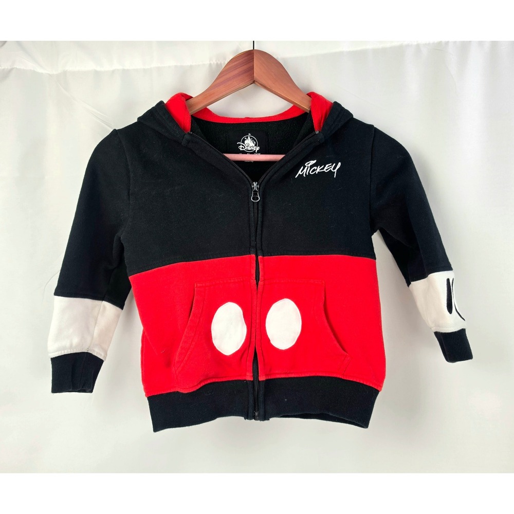 Disney Mickey Mouse Kids Full Zip Hoodie Ears Colorblock Black Red Small 8A